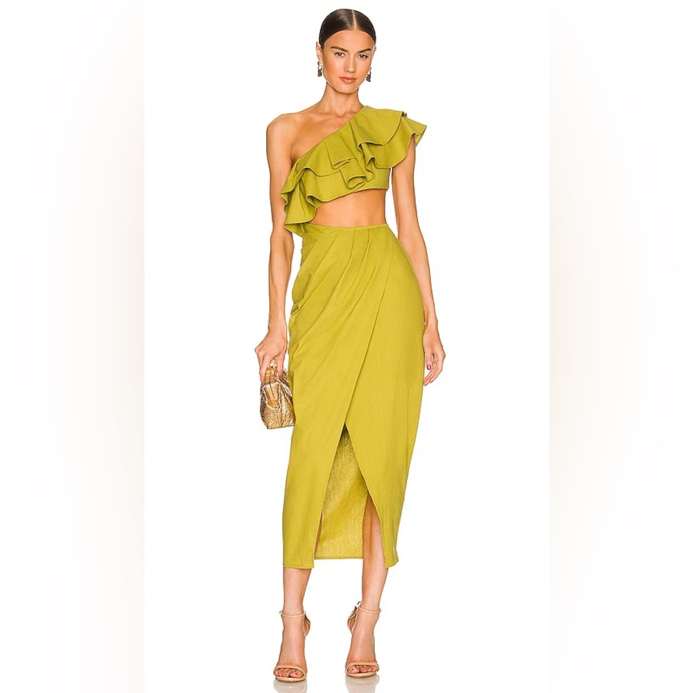 NWT Yaura Titi Green Linen Blend Ruffle Cutout Midi Dress Size 4 Small